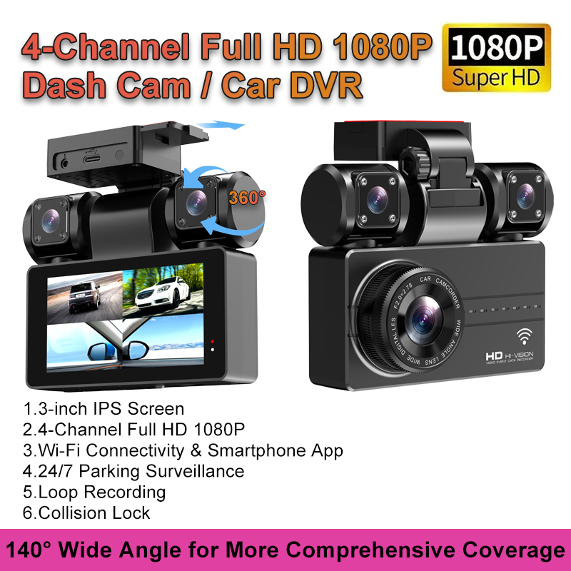 Dash Cam 3 Channel 1080P - 3 Zoll 4-Kanal 1080P Auto DVR