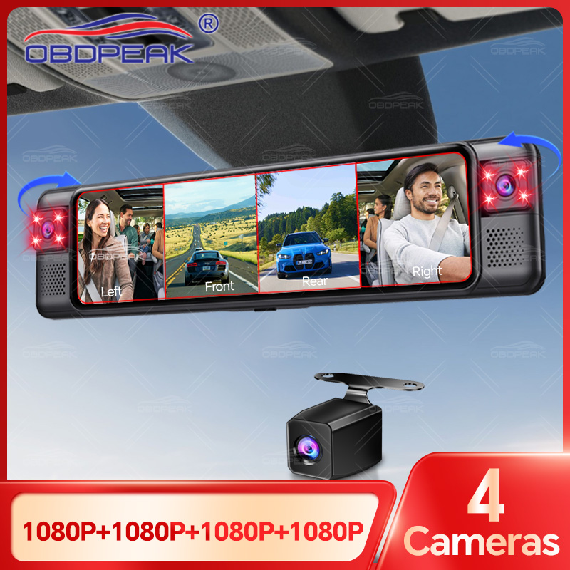 Dash Cam Night Vision Infrared - OBDPEAK D75 4CH 11-Zoll 1080P Rückspiegelkamera