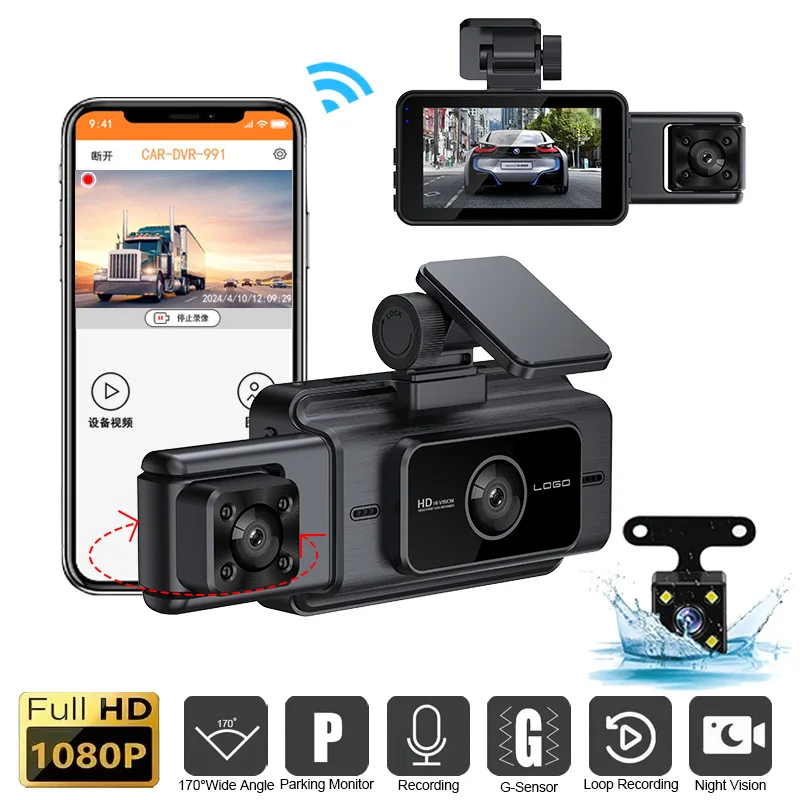 Dash Cam Night Vision Infrared - XZY Neue 3-Linsen-WiFi-HD-Autokamera mit 3 Kanälen,