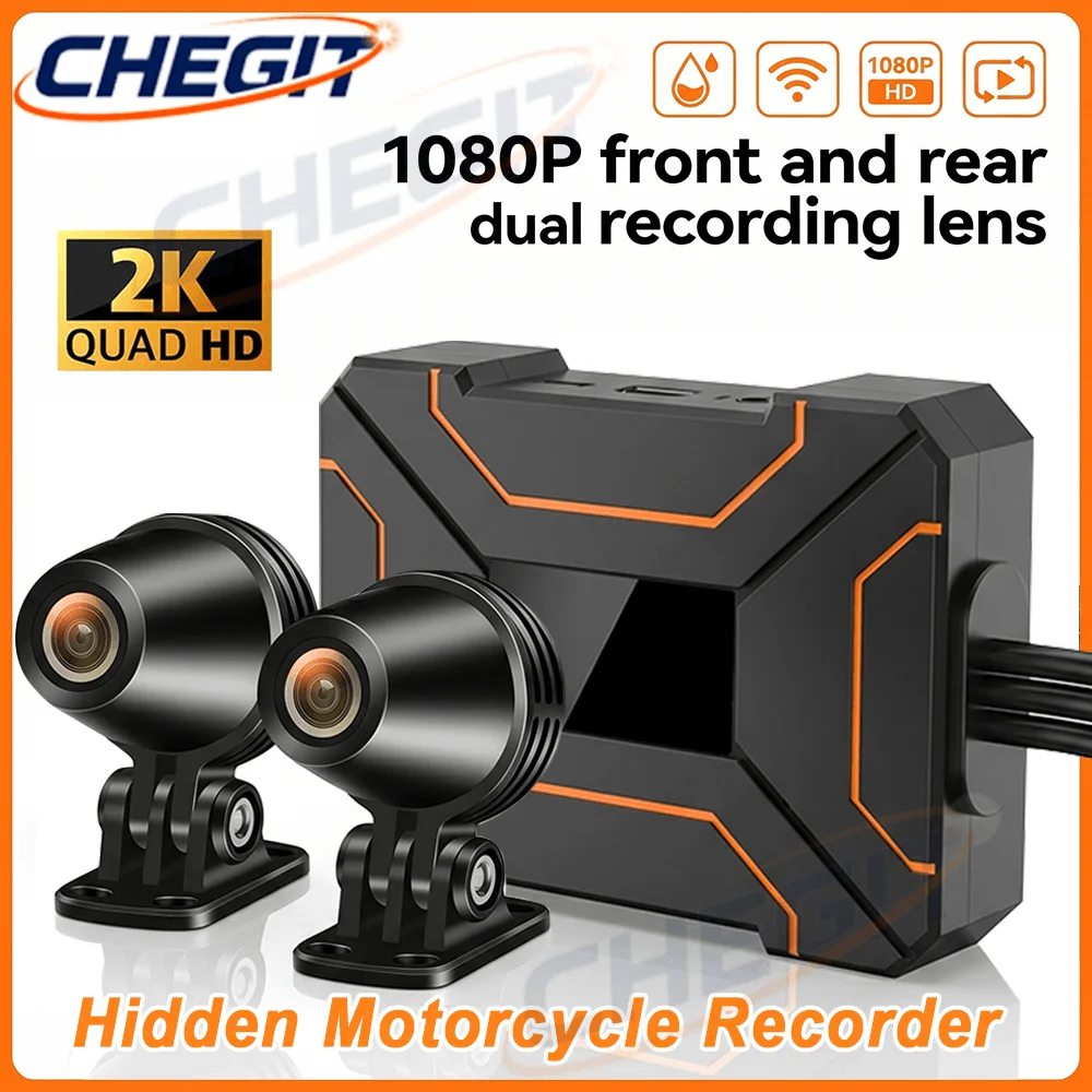 Dash Cam 2K Dual Lens - 2K/1080P Dual-Objektiv Wasserdichte Versteckte Motorrad-DVR Vorne