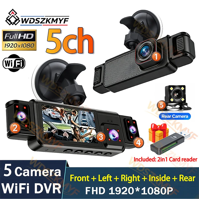 Dash Cam Mirror Backup Camera - Neu 360 ° Auto-DVR 5-Kanal-WiFi-Dashcam 1080P-Kamera