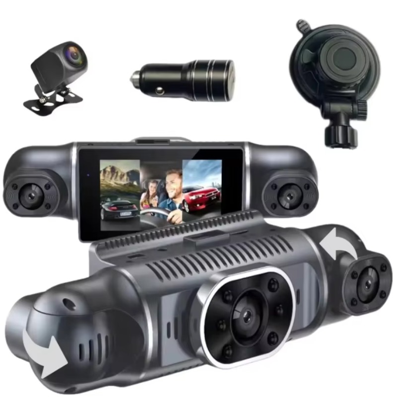 Dash Cam 360 Degree Panoramic - 360-Grad-Panorama-Autokamera mit 3-Zoll-Bildschirm, 4-Kanal-FHD-1080P-IPS-Videorekorder, 4-fach geteilte