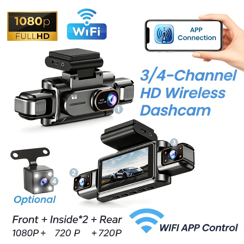 Dash Cam 3 Channel 1080P - 3-4-Kanal WLAN-Dashcam, 1080P Full HD, APP