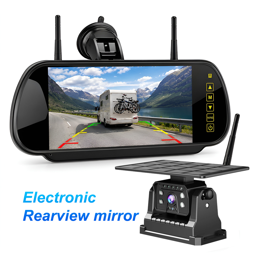 Dash Cam Mirror Backup Camera - Kabelloses Solar-Rückfahrkamerasystem mit 7-Zoll-Rückspiegelmonitor, 1080P Magnetischer