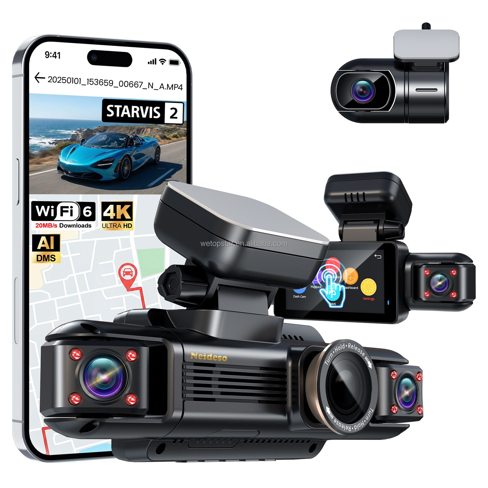 Dash Cam 3 Channel 1080P - STARVIS 2 Dashcam mit 3-Zoll-Touchscreen, 4K