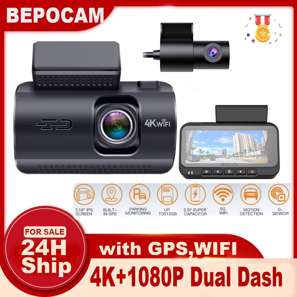 Dual Dash Cam With Gps Wifi - Dashcam 4K+1080P Dual-Autokamera mit integriertem WLAN,