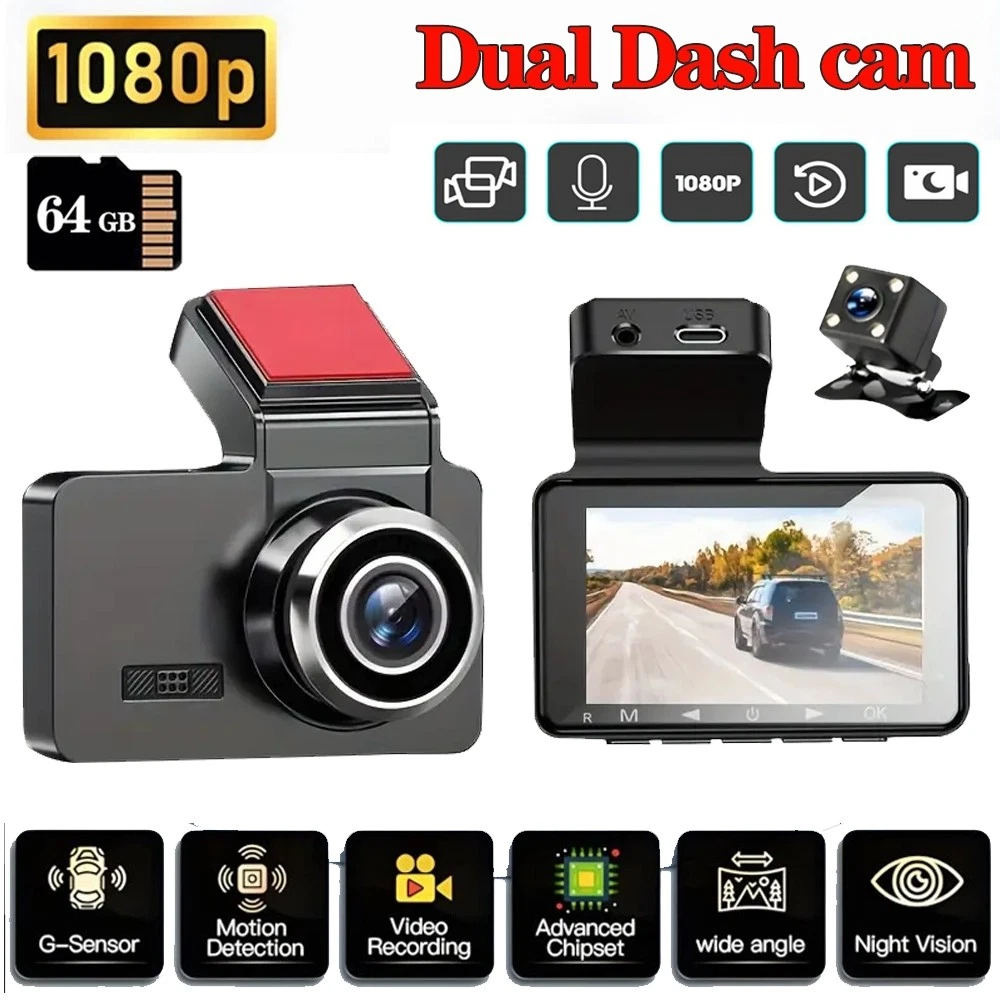 Dash Cam Night Vision Infrared - Doppelkamera-Dashcam, Front-/Rücklinsen, mit 64GB-Karte, Infrarot-Nachtsicht, Weitwinkel,