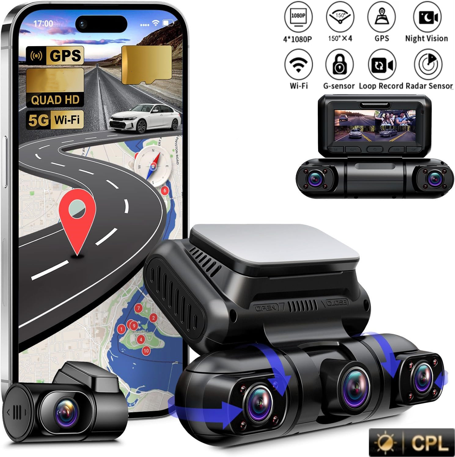 Dash Cam Night Vision Infrared - 360 ° Panorama-Dashcam, 4 Kanäle vorne/hinten/links/rechts,